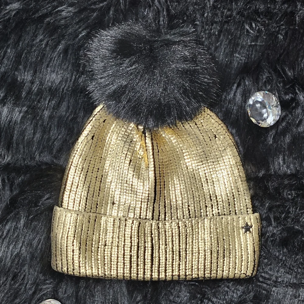 Jocelyn Hat Beanie Gold Metallic Real Dyed Fox Fur Knit Modern Fall Winter Gift
